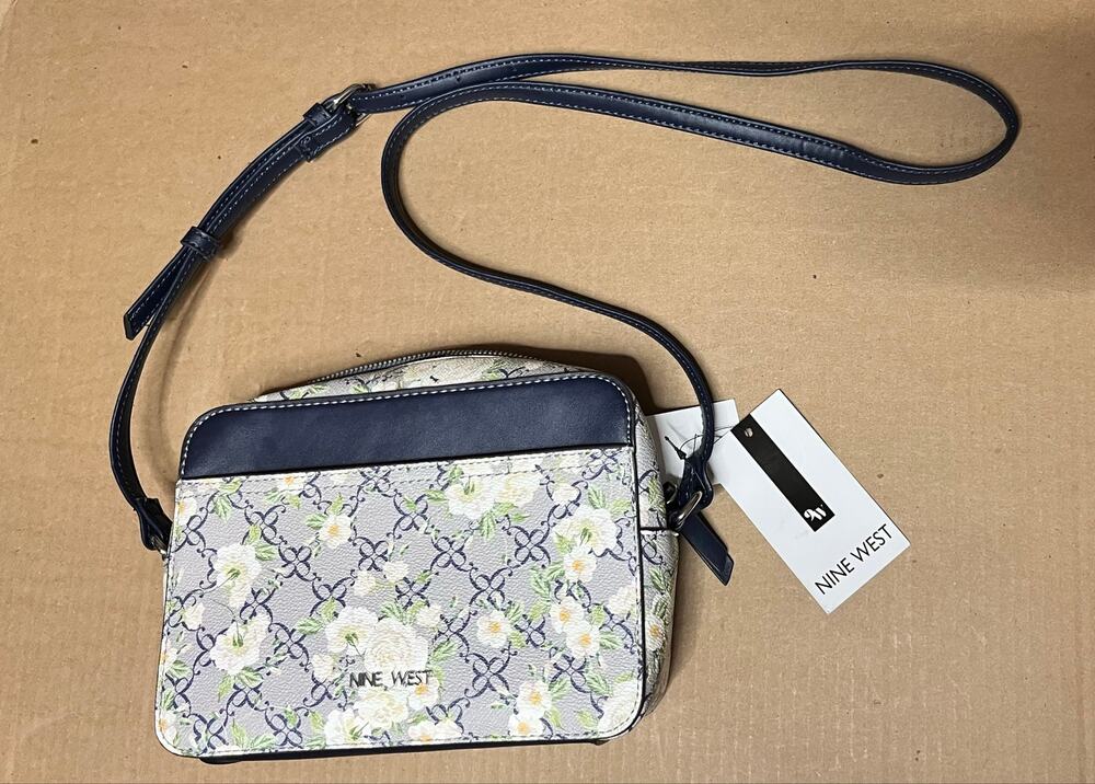 Nine West Bowie Floral Crossbody Purse Navy Logo Small New